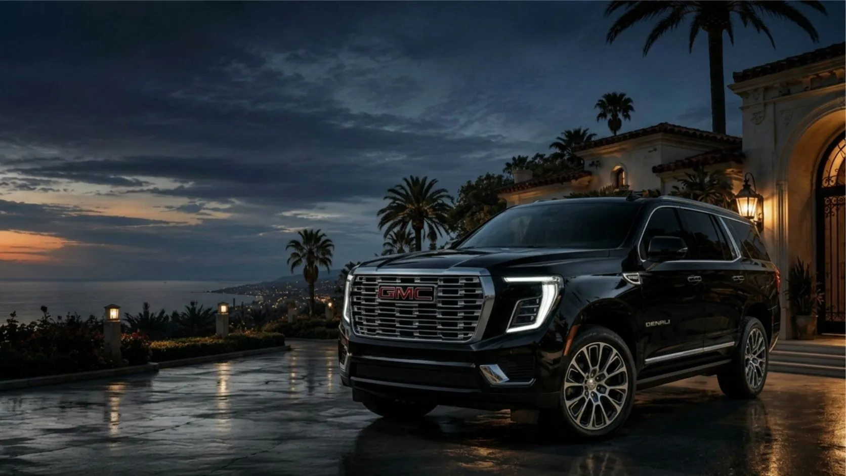 Black 2025 GMC Yukon Denali in Santa Barbara at dusk
