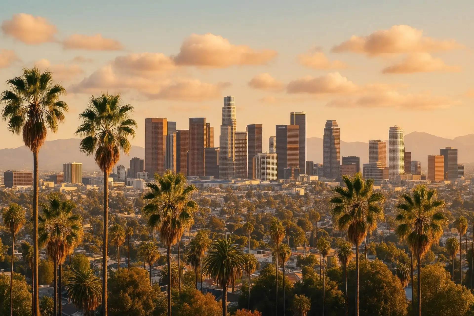 Los Angeles skyline framed by palm trees